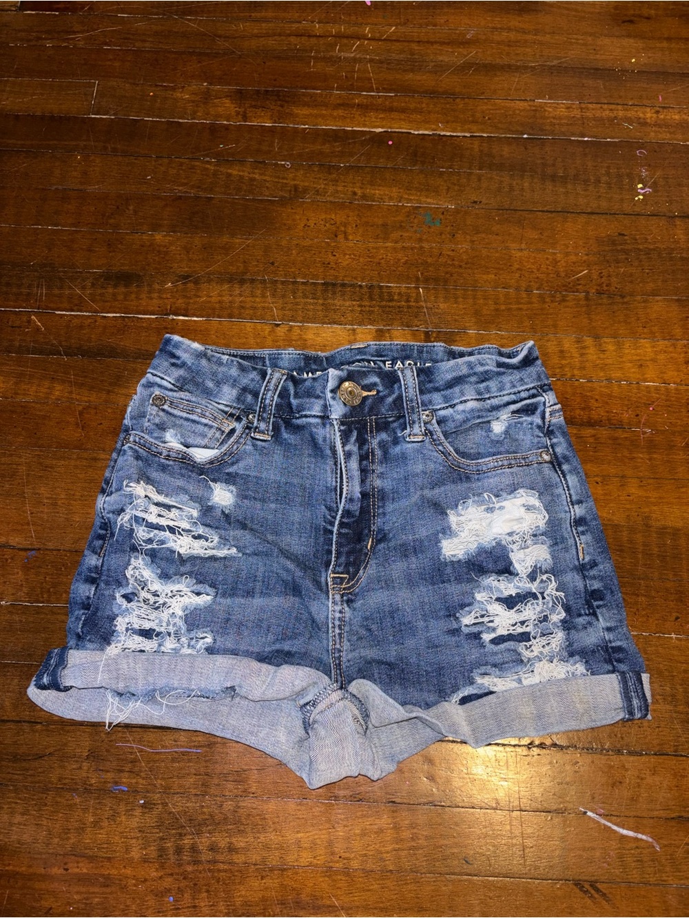 American Eagle Distressed Light and Dark Blue Denim Shorts